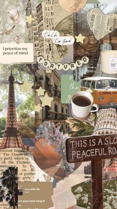 this is a collage with many different things in the background and words on it