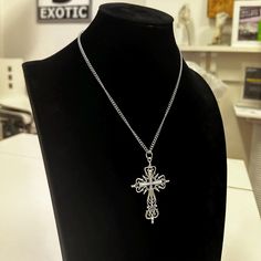 Made to order Unisex Silver Large Ornate Cross Statement Piece available in multiple sizes: 14 inch 16 inch 18 inch 20 inch Scroll through pictures to see size guide. Please note the size guide is based off average size, for more accurate sizing please measure your neck for where you want the necklace to sit. stainless steel chain Will not tarnish. Keep it in shiny condition by avoiding contact with aerosol sprays & lotions (Use them beforehand) . This includes your hair products, lotions and pe Jewellery Grunge, Ornate Cross, Grunge Accessories, Spray Lotion, Necklace Gothic, Statement Jewellery, Pretty Packaging, Stainless Steel Chain, Statement Jewelry