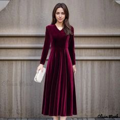 Olivia Mark - Thickened Velvet Maxi Dress with Qipao Style and Tummy Covering Design Velvet Gowns, Tie Up Dress, Mandarin Collar Dress, Asymmetrical Shirt, Long Sleeve Velvet Dress, Velvet Maxi Dress, Velvet Maxi, Flare Long Sleeve, Tie Waist Dress