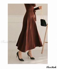 Olivia Mark - Stylish Knitted Bodycon Dress with High Neck, Belted Waist, and Flared Hem Dress With High Neck, Long Knitted Dress, Knitted Bodycon Dress, Slim Fit Dresses, Patchwork Dress, Knit Fashion, Types Of Skirts, Fit And Flare Dress, Wine Red