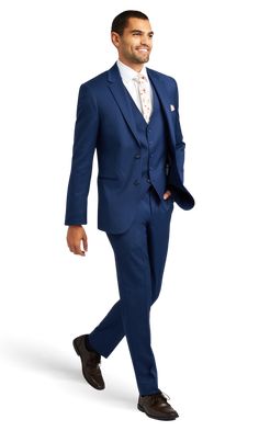 A slim premium cobalt blue performance suit with two buttons and a notch lapel.