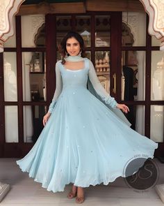 Sky Blue Indian Suit, Suit Colors Women, Gown Dress Design Indian, Indian Full Dress, Diwali Inspired Outfit, Sky Blue Anarkali Suits, Anarkalis For Women, Long Dresses Indian Style Anarkali Suits, Gown Suits For Women