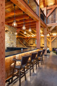 a bar with several chairs and lights hanging from it's ceiling in a building