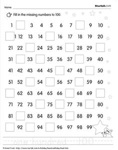 the missing numbers to 100 worksheet is shown in black and white with stars