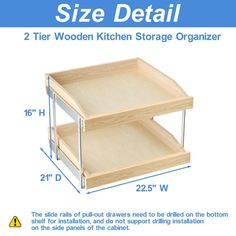 two tier wooden kitchen storage organizer with 2 drawers and shelf space for storing items or utensils