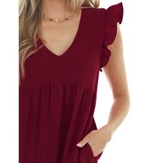 Burgundy V-neck Ruffle Sleeve Pocketed T-shirt Dress Solid V-neck Mini Dress With Ruffle Hem, Flowy V-neck Ruffle Dress, Casual Sleeveless V-neck Dress With Ruffles, Fall V-neck Ruffle Dress With Ruffle Hem, Casual V-neck Ruffled Dress, V-neck Mini Dress With Ruffles, Casual V-neck Summer Dress With Ruffles, Flowy V-neck Ruffle Dress With Ruffle Hem, Casual V-neck Ruffle Dress