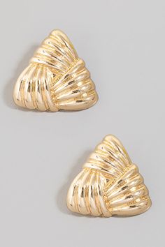 This pair of stud earrings displays a fashionable metallic triangular knot style. Savor the allure of detailed craftsmanship in this exquisite pair of stud earrings. Trendy Gold Triangle Earrings, Gold Triangle Metal Earrings, Triangle Gold Metal Earrings, Elegant Triangle Metal Earrings, Elegant Triangle Earrings For Formal Occasions, Formal Dress Shops, Knot Stud Earrings, Knot Studs, Stud Earrings Gold