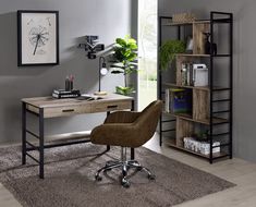 an office with a desk, chair and bookcase in front of a window on a rug