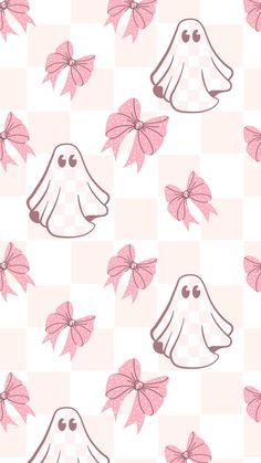 a pattern with pink bows and ghost heads on checkerboard background in pastel colors