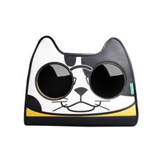 a black and white cat purse with large round glasses on it's front pocket