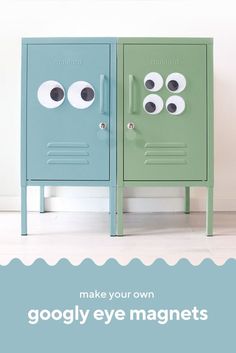 The first image shows two short lockers, one light blue and one light green, side by side with googly eyes stuck onto them. Googly Eyes, All Eyes, Diy Organization, Hot Glue, All About Eyes, Some Fun, Locker Storage