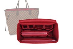 two purses are shown side by side, one is red and the other is beige