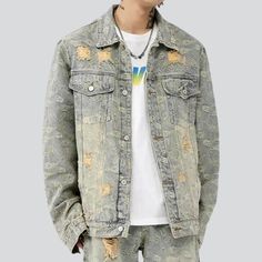 Be the envy of your next gathering with this one-of-a-kind boho vibe denim jacket from 2023 Spring Collection. This oversized. embroidered. distressed. and buttoned closure jacket is a classic everlasting that will make you stand out from the crowd.Distinctive Features: Boho Style: Make a statement with this timeless vagabond style. textured to turn heads. Oversized Fit: Enjoy a relaxed fit that allows for all-day comfort while making a trendy statement. Embroidered: Uniquely crafted and designe Ripped Relaxed Fit Cotton Outerwear, Ripped Cotton Outerwear With Relaxed Fit, Stonewashed Cotton Denim Jacket For Fall, Fall Stonewashed Cotton Denim Jacket, Spring Stonewashed Cotton Outerwear, Ripped Cotton Denim Jacket For Streetwear, Spring Distressed Denim Jacket For Streetwear, Spring Stonewashed Outerwear For Streetwear, Spring Stonewashed Long Sleeve Denim Jacket