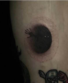 a close up of a person's leg with a black hole in the middle