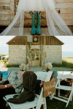 the wedding ceremony is set up with cowboy boots