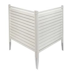 a white wooden headboard with slats on the top and bottom, against a white background