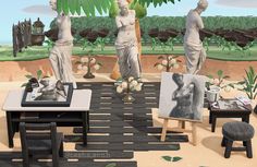 an artist's rendering of three statues in the middle of a living room area