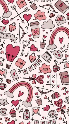 valentine's day pattern with hearts, arrows and other things in pink on a white background