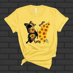 Mothers Day tshirt, Butterfly tshirt, Sunflower tshirt, Mom tshirt, Mothers Day shirt, Gift for her, Gift for mom by TheDigitalXpressions on Etsy Yellow Graphic Print T-shirt As Gift, Gift Yellow Graphic Print T-shirt, Yellow Graphic Print T-shirt For Gift, Casual Yellow T-shirt As A Gift, Casual Soft-washed T-shirt Gift, Sunflower Tshirt, Butterfly Tshirt, Momma Shirts, Butterfly T Shirt