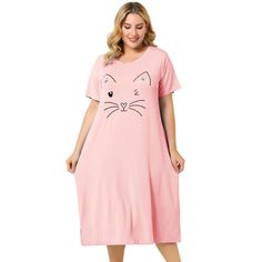 Nice Dream, One Piece Clothing, Cotton Nightgown, Lovely Cat, Pajamas Comfy, One Piece Pajamas, Sleep Dress, Hem Style, Plus Size Shorts