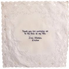 Poem Embroidered Bridal Lace Hankie - Personalized Elegant Embroidered Handkerchiefs For Bridal Shower, Embroidered Lace Handkerchiefs For Wedding, Elegant Wedding Handkerchiefs With Embroidered Border, White Embroidered Text Handkerchief Wedding Gift, White Embroidered Handkerchiefs For Special Events, Wedding Embroidered Cream Handkerchiefs, Embroidered Cream Handkerchiefs For Wedding, All Over Embroidery, Blank Slate