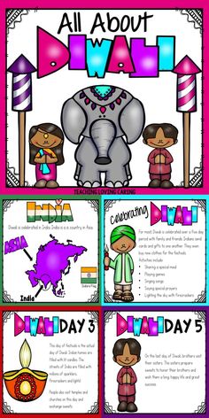 all about diwali poster with pictures and text on it, including an elephant