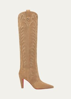 Christian Louboutin Stitched Suede Red Sole Western Boots - Bergdorf Goodman Suede Western Boots, Red Louboutin, Evening Flats, Handmade Boot, Red Sole, Knee High Leather Boots, Lingerie Romper, Pump Sandals, Platform Pumps