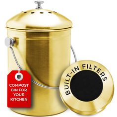 a gold canister with a tag that says butttin filters compost bin for your kitchen