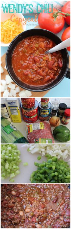 the ingredients for this chili are shown in three different pictures, including tomatoes and green beans