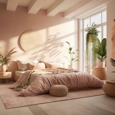 a large bed sitting in a bedroom next to two potted plants on either side of the bed