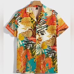 Brand New, Never Worn, Offers Welcome Brown Printed Shirt For Summer, Casual Brown Hawaiian Shirt For Summer, Brown Printed Summer Shirt, Summer Brown Printed Shirt, Collared Brown T-shirt For Summer, Shirts Shein, Shein Shirts, Tropical Print Shirt, Shein Men