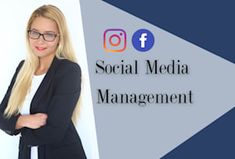 a woman standing in front of a wall with the words social media management