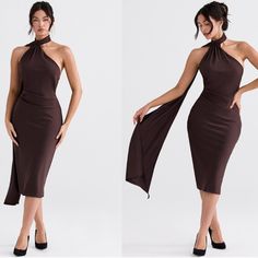 two pictures of a woman in a brown dress and one is wearing a black halter top