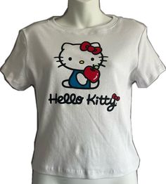 Cute White Stretch T-shirt, Casual Hello Kitty Print Tops For Spring, Spring Casual Hello Kitty Print Tops, Spring Fitted Hello Kitty Tops, Fitted Hello Kitty Tops For Spring, Fitted Hello Kitty Top For Spring, Fitted Cotton Hello Kitty Top, Casual Red Hello Kitty Top, Fitted Cotton T-shirt With Hello Kitty