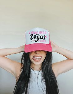 Bachelorette Party Trucker Hats | Las Vegas Hat | We Are What Happens - ilulily designs Bachelorette Party Adjustable Trucker Hat, Adjustable Trucker Cap For Bachelorette Party, Adjustable Trucker Hat For Bachelorette Party, Trendy White Mini Hat For Party, Adjustable White Mini Hats For Bachelorette Party, White Adjustable Hat For Bachelorette Party, Adjustable Snapback Hat For Summer Party, Summer Hats For Bachelorette Party, Cute Pink Wedding Hat