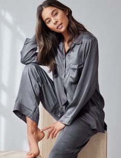 Menswear-inspired styling adds an air of classic elegance to whisper-light silk pajamas. Elegant Satin Loungewear, Elegant Solid Silk Sleepwear, Elegant Satin Sleepwear For Lounging, Elegant Relaxed Fit Sleepwear, Elegant Solid Color Sleepwear With Relaxed Fit, Elegant Solid Color Relaxed Fit Sleepwear, Elegant Relaxed Fit Sleepwear For Spring, Elegant Long Sleeve Relaxed Fit Sleepwear, Spring Silk Sleepwear With Relaxed Fit