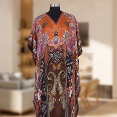 "Long Hand Embellished Silk Kaftan Silk Dress For Women One size fits most Material :- Silk  👉size Small  to 8XL 👈 Length 60\" and 43\" Width, Around 86\" This beautiful print Kaftan is handmade made from high-quality silk. This unique style of Silk Kaftan and the delicate pattern on it, makes it perfect for you to get ready for your big day- with style and comfort! Wash - Hand wash Free Shipping" Silk V-neck Kaftan For Beachwear, Silk Kaftan With Kimono Sleeves For Beach Cover-up, Festive Printed V-neck Kaftan, Summer V-neck Kaftan With Digital Print, Festive Digital Print Maxi Length Kaftan, Festive Maxi Length Digital Print Kaftan, Festive Bohemian Kaftan With Digital Print, Bohemian Printed Tunic For Eid, Festive Silk Printed Kaftan