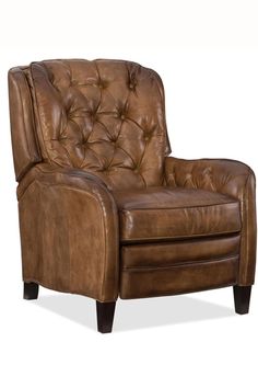 a brown leather recliner chair with buttons on the armrests and foot rest