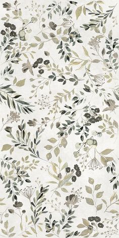 a white wallpaper with leaves and flowers on it's side, in shades of green