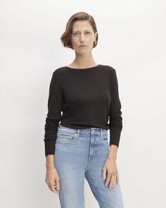 An elevated knit. The Merino TENCEL™ Relaxed Tee is a relaxed-fit lightweight knit with an elegant drape and a slightly wide crewneck, and shoulder seams that are slightly off the shoulder. Made with our light jersey knit blend of soft merino wool and TENCEL™ Lyocell with a touch of stretch, its silhouette is a little longer, making it a great layering piece to tuck-in or top pants, skirts, or shorts. Just add heels for instant elevation. Known for its lightness and versatility, TENCEL™ Lyoc Effortless Long Sleeve Tops For Casual Gatherings, Effortless Tops With Shirttail Hem For Fall, Effortless Fall Tops With Shirttail Hem, Sleek Stretch Tops For Everyday, Fine Knit Long Sleeve Top For Work, Casual Fine Knit Long Sleeve Top For Work, Casual Long Sleeve Fine Knit Top For Work, Stretch Long Sleeve Tops For Casual Wear, Stretch Long Sleeve Top For Casual Gatherings