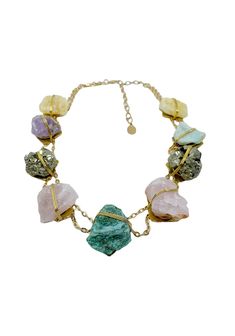 Stunning powerful mixed media necklace. This necklace makes a major statement by being bohemian yet goddess like all at the same time. Hand wrapped rough crystals in a lovely Georgian inspired silhouette. Perfect for party attire or over a white tee shirt. Very versatile. Features - Fuchsite- For heart healing, love and mica like sparkle. Yellow Calcite - for hope and motivation. Pyrite - For success and luck and golden sparkle with grounding properties. Rose Quartz - for peace, love, calm, roma Bohemian Necklace With Adjustable Chain For Party, Bohemian Party Necklace With Adjustable Chain, Unique Multicolor Party Jewelry, Multicolor Spiritual Jewelry For Party, Spiritual Multicolor Jewelry For Party, Metal Necklaces With Stones For Party, Party Necklaces With Stones In Metal, Bohemian Crystal Choker Necklace For Party, Adjustable Crystal Pendant Necklace For Parties