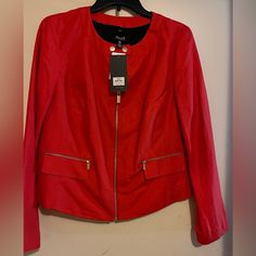 Brand New Jacket With Tags Red Outerwear With Zipper For Work, Red Zipper Closure Outerwear For Work, Red Outerwear With Zipper For Spring, Faux Fur Hooded Coat, Cape Sweater, Parka Style, Winter Collars, Petite Pants, Pinstripe Suit