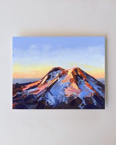 a painting of a snow covered mountain with the sun setting on it's peak