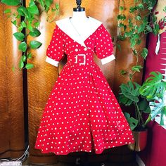 ~Follow @Shopchickaboomvintage On Instagram~ 1980’s Vintage Puff Sleeves Red & White Double Breasted Portrait Collar Dress W/ Wide Belt Size M/L The Quintessential 80’s Does 50’s Dress!! Red And White, Thick, Crisp Cotton With Sound Construction That Flatters, Molds And Holds!! Lol This Saucy Babe Features Abstract Polka Dots In Bright White With A Huge Portrait Collar To Match. Round White Buttons, Wide Sleeve Cuffs And A Wide Buckle Belt To Match! Hidden Side Pockets And An Ultra Full Skirt. Made By First Focus. This Would Be Perfect With Lace-Up Gladiators, Armloads Of Bakelite And A Sweet Little Tilt Hat For That 50’s Vibe. Also Perfect With Heels And Wrist Gloves Wrist Gloves, Double Breasted Dress, 50s Style, 1950s Dress, Wide Belt, 50s Fashion, Buckle Belt, Wide Sleeves, Dress Red