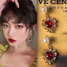 Daiiibabyyy - Korean Trendy Red Crystal Stone Dangle Earrings Simple Vintage Gothic Pearl Heart Hanging Earrings Ear Drop Jewelry New Ear Drop, Gold Color Combination, Fake Earrings, Couples Accessories, Drop Jewelry, Crystal Pearl Earrings, Dangle Earrings Wedding, Earrings Dangle Simple, Stone Dangle Earrings