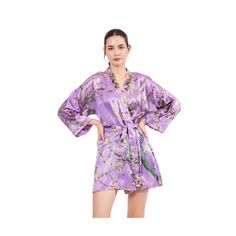 Step into ultimate luxury with this exquisite Pure Silk Short Kimono Kaftan featuring a stunning Van Gogh Almond Tree Purple design. Crafted from high-quality silk, this kimono kaftan drapes elegantly over your shoulders, providing comfort and style all in one. Perfect for lounging at home or elevating your outfit for a special occasion, this piece is a must-have addition to your wardrobe. Embrace the beauty of Van Gogh's artistry with this unique and eye-catching garment. CARGO COMPANIES WE WOR Luxury Purple Silk Kimono, Kimono Kaftan, Almond Tree, Purple Design, Short Kimono, Silk Shorts, Mulberry Silk, Dress Clothes For Women, Pure Silk