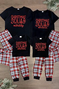 Christmas Squad Family Pajamas - AND PET BANDANA! - Sparkle in Pink Christmas Family Matching Pajamas, Christmas Family Matching Shirts, Plaid Cotton Loungewear Sets, Black Letter Print Sleepwear For Loungewear, Black Letter Print Sleepwear, Black Cotton Sleepwear For Christmas, Black Short Sleeve Sleepwear With Graphic Print, Black Graphic Print Short Sleeve Sleepwear, Family Matching Letter Print Loungewear Sets