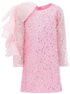 pink sequin embellishment faux-pearl embellishment ruffled detailing crew neck long sleeves rear zip fastening straight hem Long Sleeve Pink Dress For Dress-up, Festive Pink Contrast Sequin Dress, Festive Pink Dresses With Contrast Sequin, Festive Pink Dress With Contrast Sequin, Pink Sequin Spring Dress For Festive Occasions, Pink Sequin Dress For Spring Festive Occasions, Pink Festive Dress With Sequins, Festive Embellished Long Sleeve Dresses, Pink Evening Dresses With Pearl Embroidery