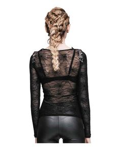 Sofia Womens Spider Web Long Sleeve Shirt Edgy Long Sleeve Mesh Top, Alternative Long Sleeve Mesh Tops, Edgy Long Sleeve Mesh Top With Mesh Sleeves, Black Fitted Mesh Top For Halloween, Fitted Black Mesh Top For Halloween, Sheer Tops For Alternative Fashion, Black Sheer Mesh Top Gothic Style, Long Sleeve Mesh Top Punk Style, Long Sleeve Mesh Top In Punk Style