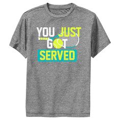 Go! Fight! Win! Celebrate your love for all things sports with exciting new sporty apparel for the whole family from Lost Gods Collective this season! This Boys' Lost Gods Got Served Tennis Graphic T-Shirt features a large graphic of the text: "You just got served," with a tennis ball replacing the letter 'o' and a tennis racquet in the background. Upgrade your fashion from JV to Varsity with one of these fun new styles from Lost Gods today and look like a winner! Tennis Graphic, God Clothes, Graphic Shirt Design, Boys Graphic Tee, Tennis Racquet, Graphic Tee Design, Letter O, Boys Hoodies, Tennis Ball